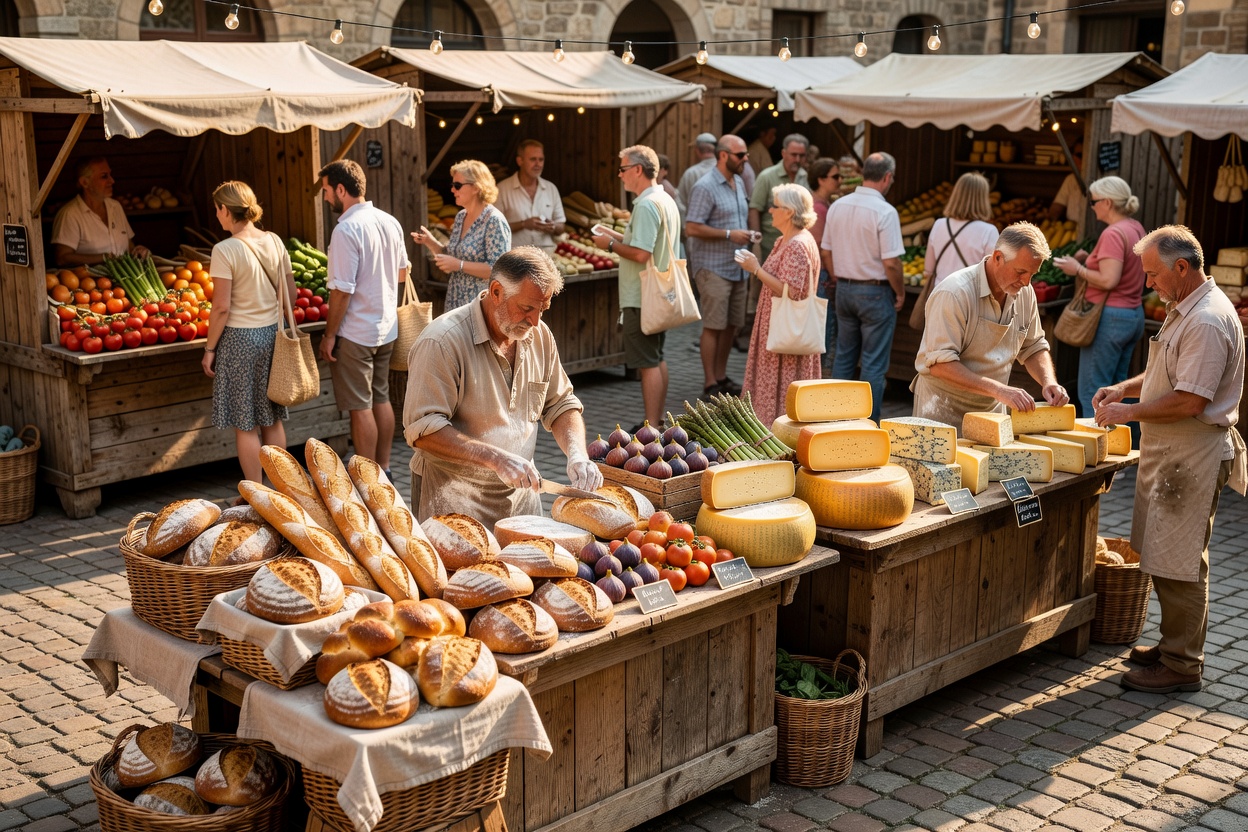 Artisan European outdoor food festival with freshly baked breads, aged cheeses, and local produce
