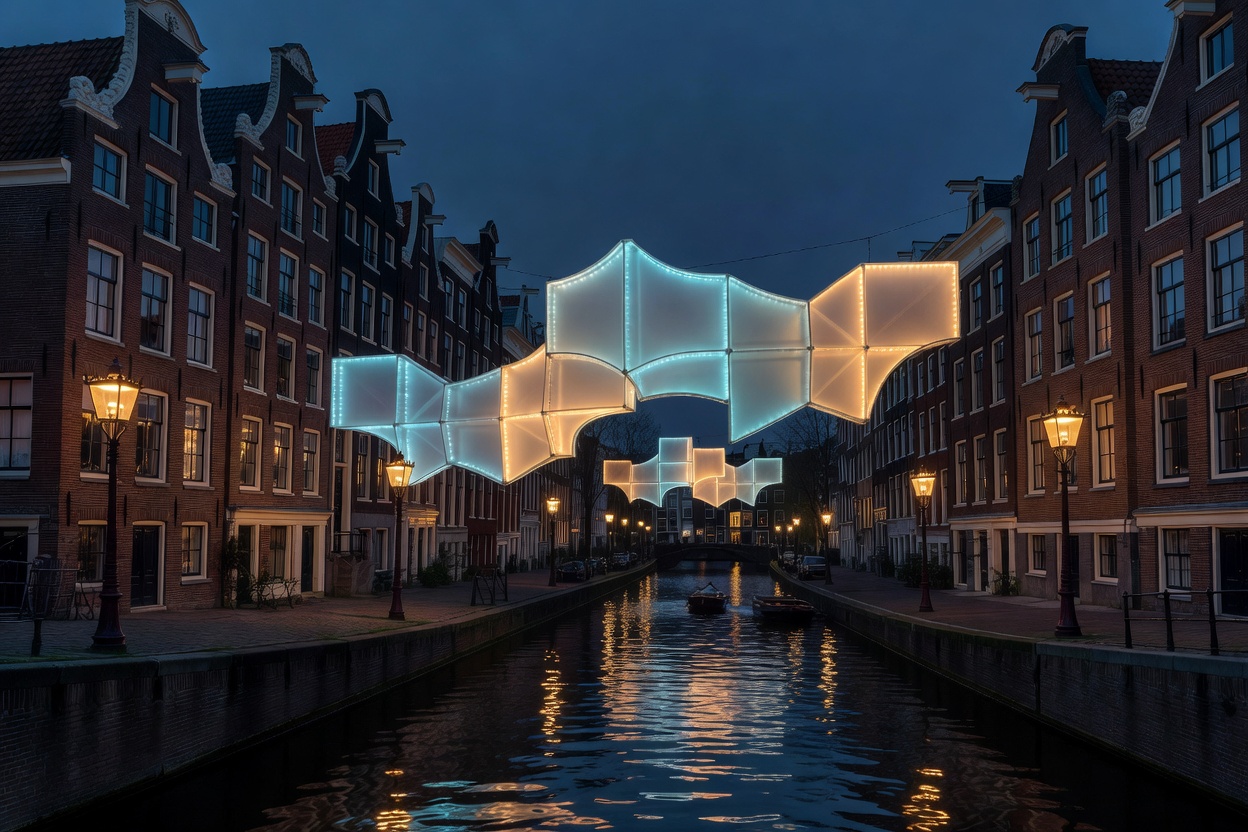 Contemporary glowing light installation in an urban European architectural canal setting