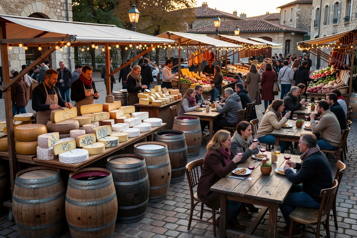 Festive European outdoor food market with artisan cheese, wine barrels, and rustic dining tables