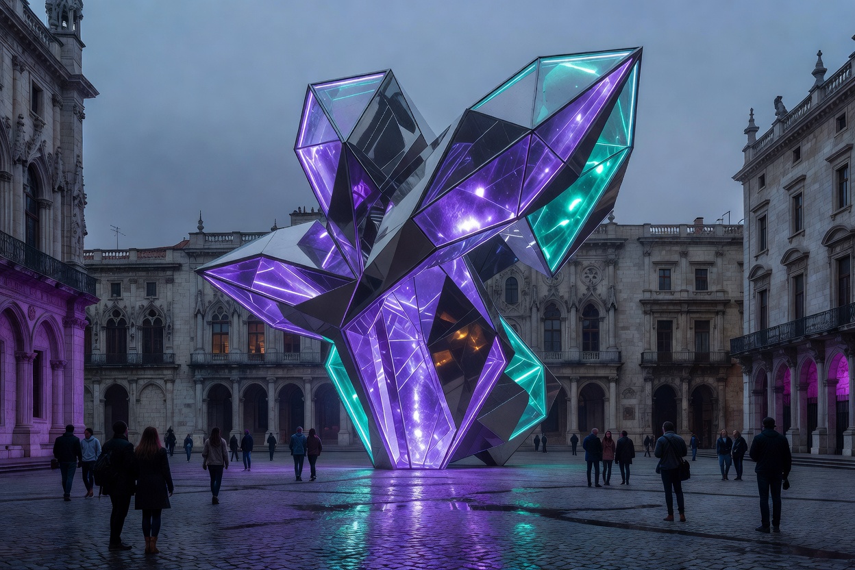 Futuristic public art sculpture with glowing violet and teal ambient reflections in a European cultural plaza