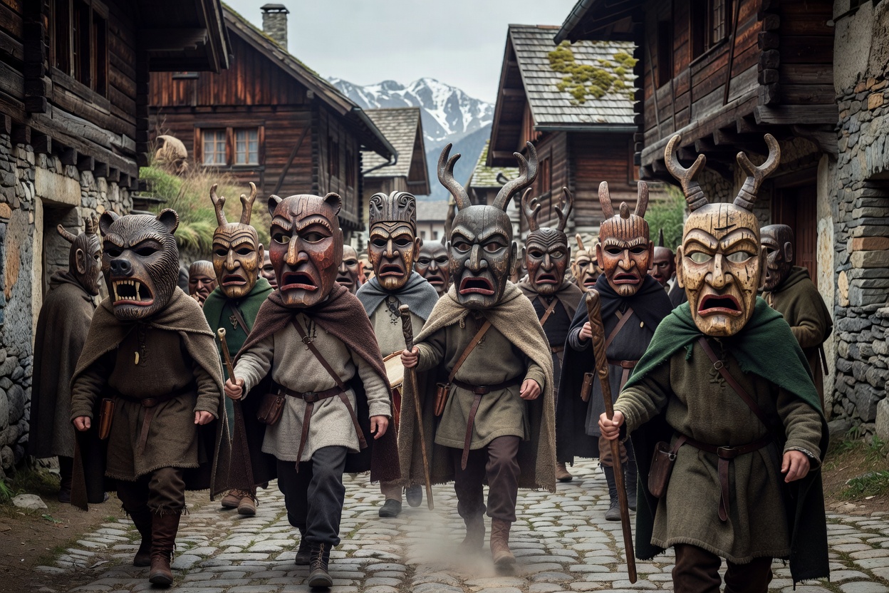 Intricate hand-carved traditional wooden masks worn during an alpine European cultural festival
