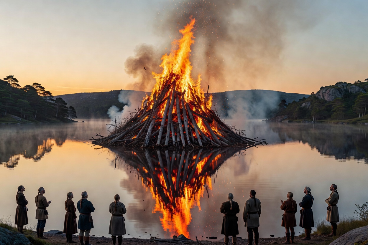 Massive traditional Midsummer bonfire burning over a Nordic lake mirror under midnight sun