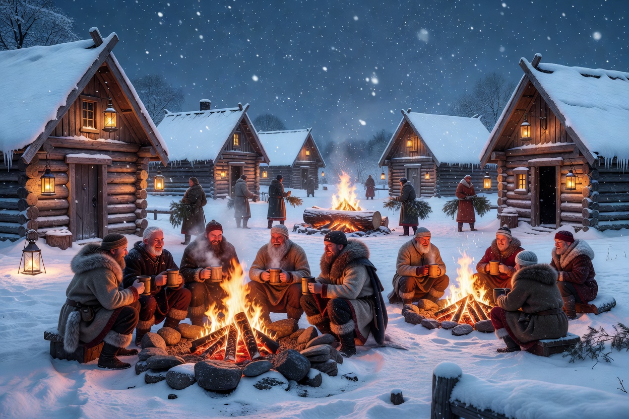 Snowy Nordic seasonal celebration with warm lantern light and midwinter fires