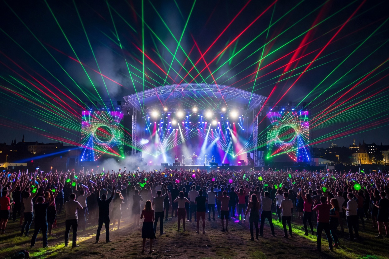 Spectacular stage lighting rig with lasers over an electronic music festival in Western Europe
