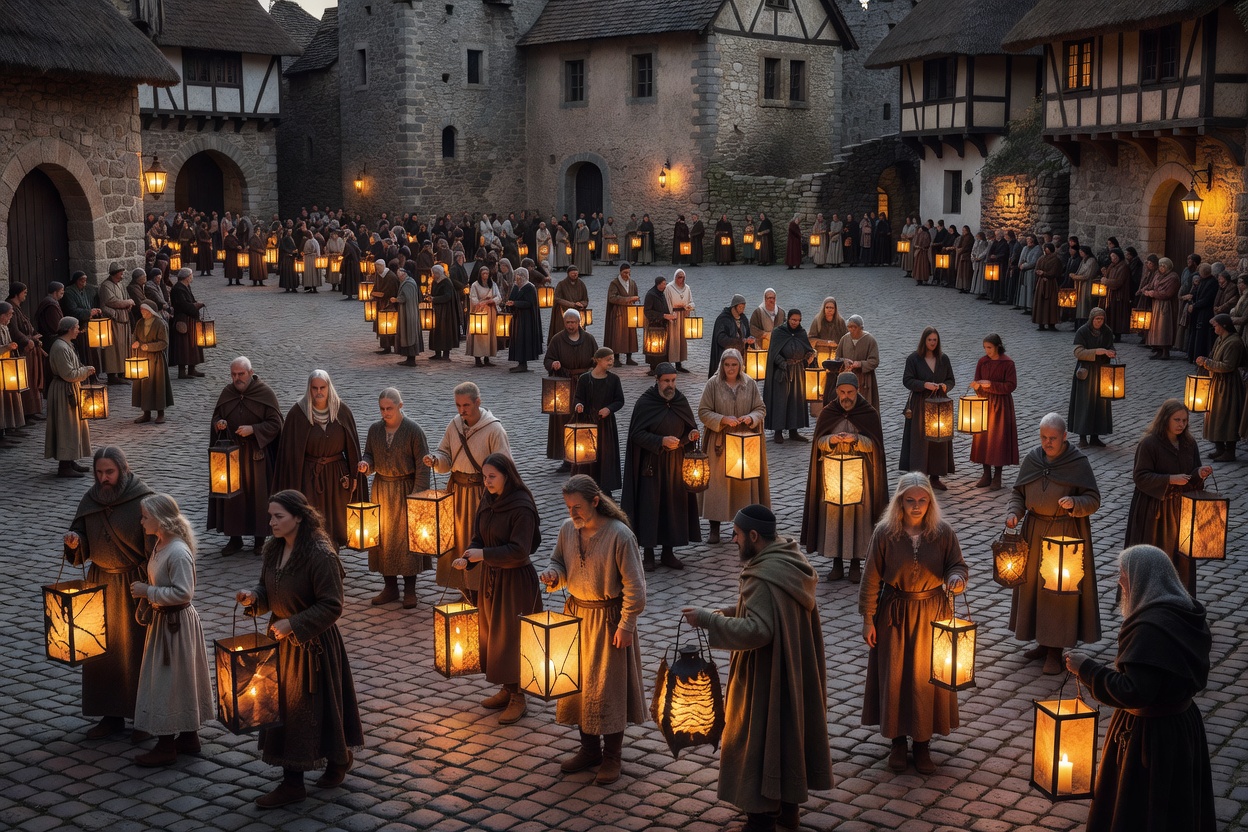 Traditional European cultural festival with lantern procession in an ancient cobblestone square