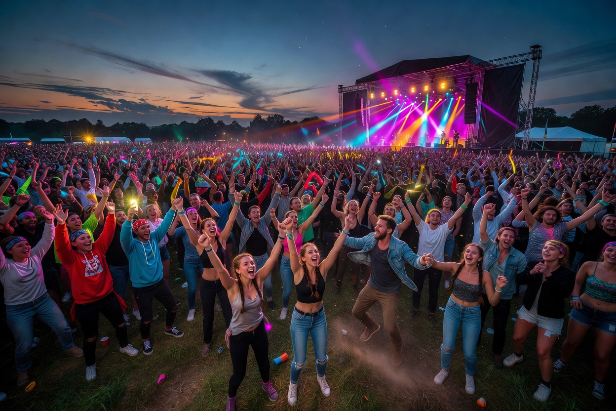 Vibrant stage lights illuminating a live European music festival crowd at dusk